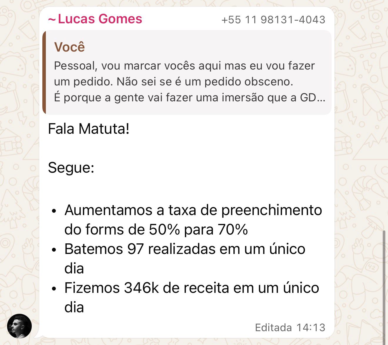 Print de depoimento recebido pelo WhatsApp sobre resultados